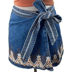 Free People Dream Away Aztec Embroidered Wrap Denim Mini Skirt Size 6 Blue